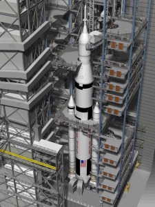 A conceptual look at the future of the VAB, with high bay 3 configured for processing the Space Launch System heavy-lift launch-vehicle series.