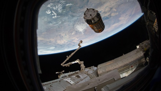 The unpiloted Japanese Kounotori 2 H-II Transfer Vehicle (HTV2) approaches the ISS, delivering more than four tons of food and supplies to the space station and its crew members.