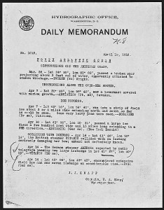 Daily Memorandum from the Hydrographic Office Reporting Titanic Disaster, 04/15/1912. The Hydrographic Office memorandum that registered on April 14 Titanic’s transmission of an iceberg message from SS Amerika reporting two large icebergs, and Titanic’s collision with an iceberg in the same area she reported. 