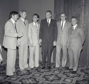 At a farewell party for Dr. Hans Mark, Ames center director from 1969 to 1977, are (left to right) Alan Chambers, Dale Compton, Jack Boyd, Hans Mark, Lloyd Jones, and John Dusterberry. 