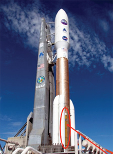 The liquid oxygen feed line on the Atlas V 500 series launch vehicle
