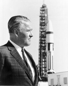 Dr. Wernher von Braun in front of a Saturn IB Launch Vehicle at Kennedy Space Center in 1968