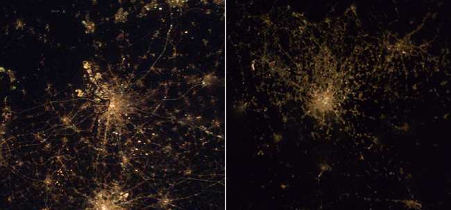 Antwerp, Belgium (left) with Brussels at the bottom, and Milan Italy (right). Spider-web networks of streets typify the older European cities