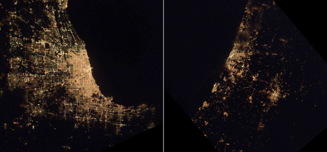 Chicago (left) and Tel Aviv with Jerusalem in Israel (right). A grid of northsouth, eastwest streets typifies U.S. cities, whereas Europe and the Middle East<br /><br /><br /><br /><br /><br /><br /><br /> show a tangled pattern of lighting.