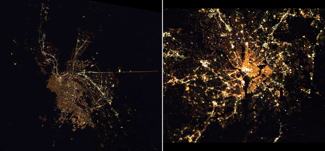 El Paso, Texas (left) bordering Juarez, Mexico. The square of the District of Columbia (right) is clearly defined with an eastwest dark line identifying the National Mall.