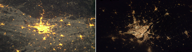 Two images of Montreal, Canada -- the best handheld image on the left, and an image taken with the improvised barn-door tracker on the right