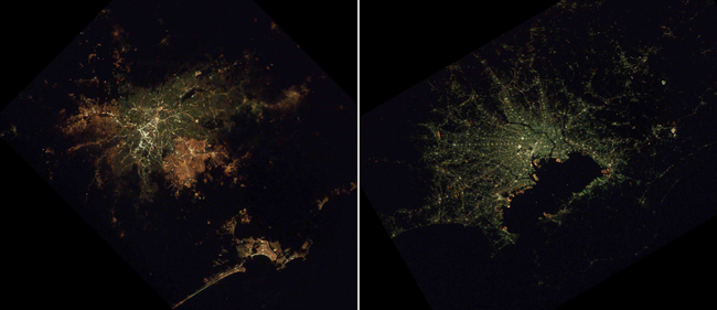 So Paulo, Brazil (left) shows blue-green (mercury-vapor lighting) in the older original town center and yellow-orange (sodium vapor) in its newly<br /><br /><br /><br /><br /><br /><br /><br /> growing borders. Tokyo (right) typifies the<br /><br /><br /><br /><br /><br /><br /><br /> blue-green lighting of Japan's major cities.
