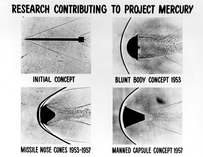 Four shadowgraph images representing early reentry vehicle concepts