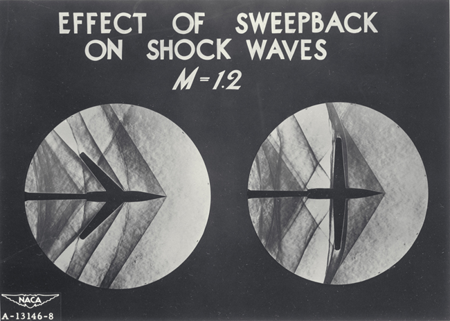 Flow around airplane models showing effect of sweptback wings on shock waves at Mach 1.2