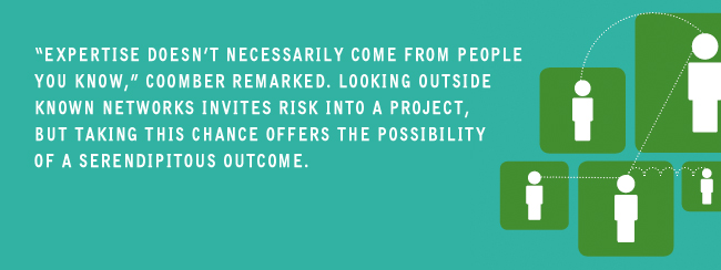 Expertise doesn't necessarily come from people you know, Coomber remarked. Looking outside known networks invites risk into a project, but taking this chance offers the possibility of a serendipitous outcome.