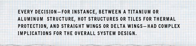 Every decision -- for instance, between a titanium or aluminum structure, hot structures or tiles for thermal protection, and straight wings or delta wings -- had complex