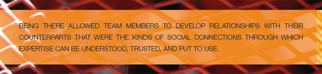 Being there allowed team members to develop relationships with their counterparts that were the kinds of social connections through which expertise can be understood, trusted, and put to use.