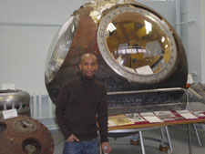 Lealem Mulugeta standing in front of Yuri Gagarins capsule in Moscow, Russia.