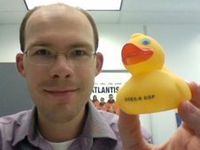 Kevin Fisher and his duckie award for the GOES_R Ground Segment Project. This project peer award is spontaneously given to team members for having their ducks in a row.