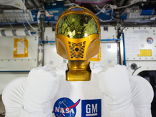 Robonaut 2 (R2) onboard the International Space Station. General Motors, NASAs partner in R2s development, plans to use the robot to test advanced vehicle safety systems and create safer manufacturing options.