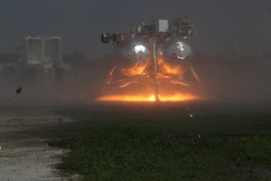 Morpheus ground-level hot fire on April 2, 2012, at Kennedy Space Center's Vertical Test Bed Flight Complex.
