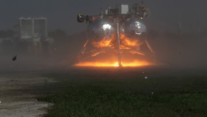 Morpheus ground-level hot fire on April 2, 2012, at Kennedy Space Center's Vertical Test Bed Flight Complex.