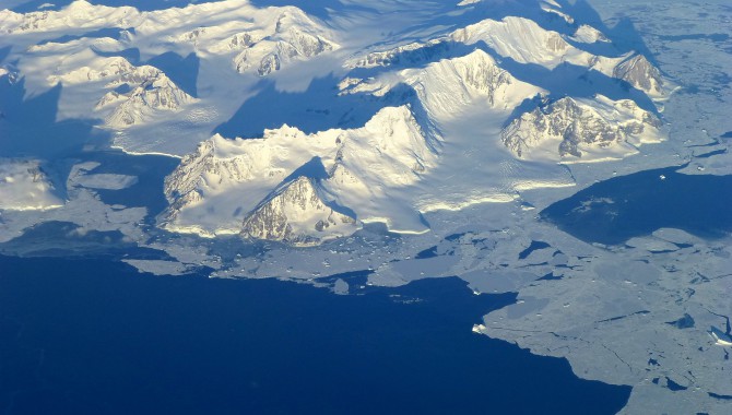 View of the northern Antarctic Peninsula from high altitude during IceBridge's flight back from the Foundation IceStream.