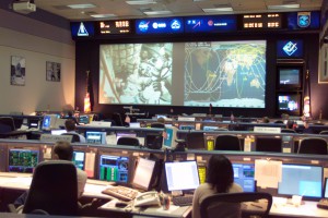 View of the station flight control room in Johnson Space Center's Mission Control Center during rendezvous and docking operations between the Soyuz and TMA-3 spacecraft and the International Space Station.