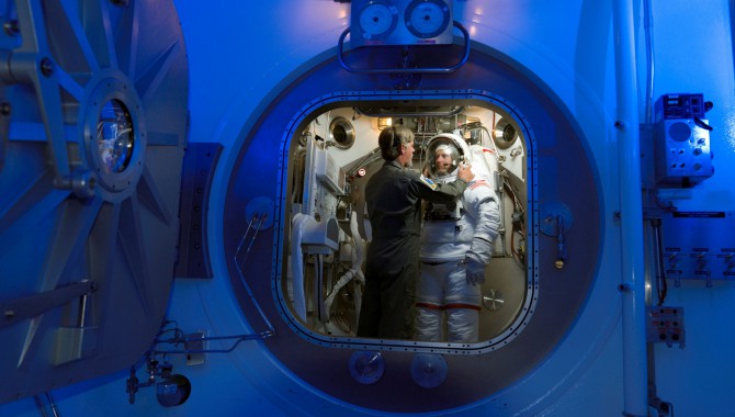 Johnson integrated environments facilities test, evaluate, and certify for spaceflight. The Space Station Airlock chamber was developed to support the International Space Station program for airlock and extravehicular hardware testing, verification/certification, and flight crew training.