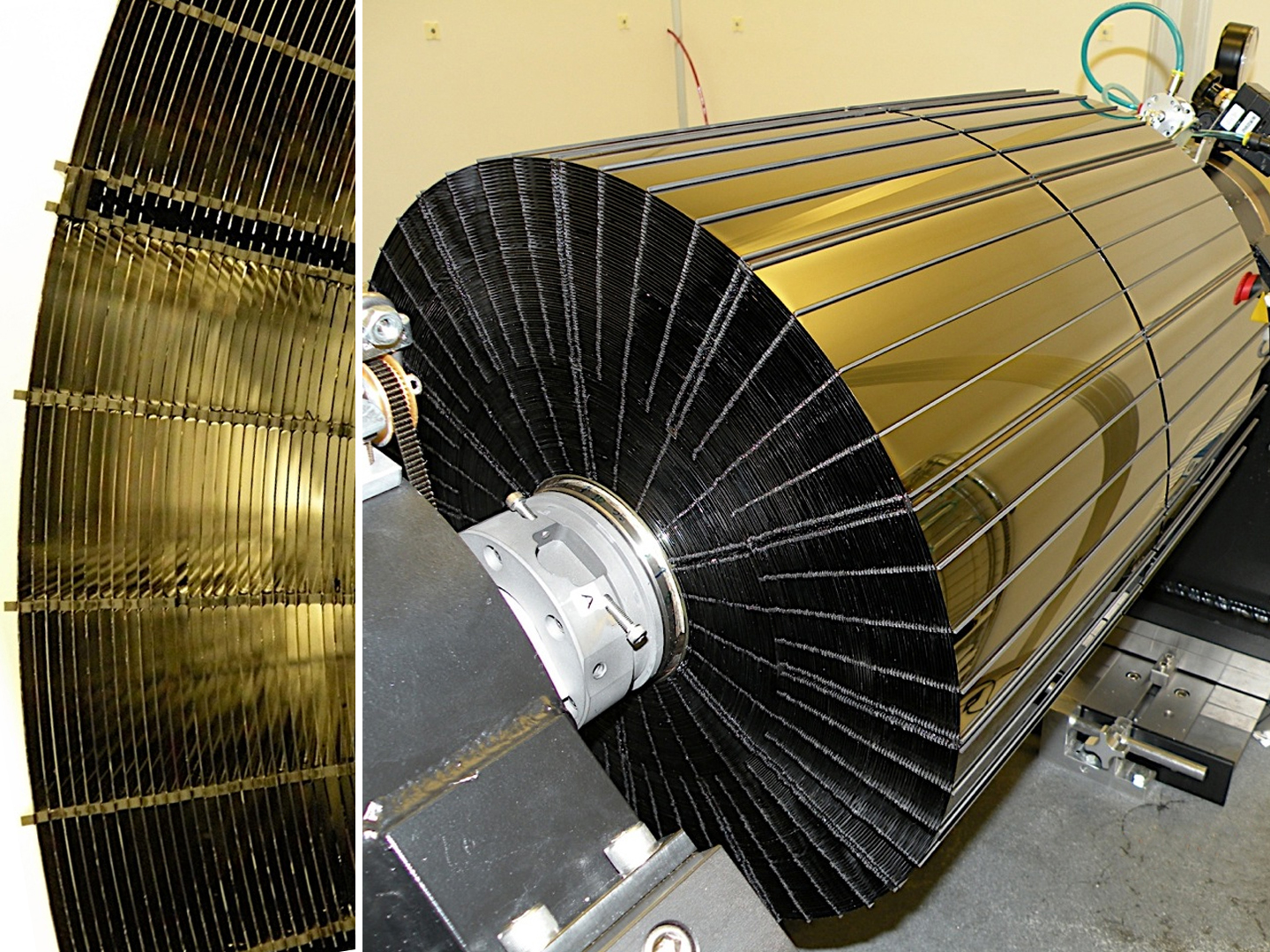 Different views of one of two optic units onboard NuSTAR, each consisting of 133 nested cylindrical mirror shells as thin as a fingernail. The mirrors are arranged in this way in order to focus as much X-ray light as possible.