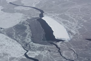 Iceberg embedded in sea ice. This opening was likely caused by winds blowing against the side of the iceberg.