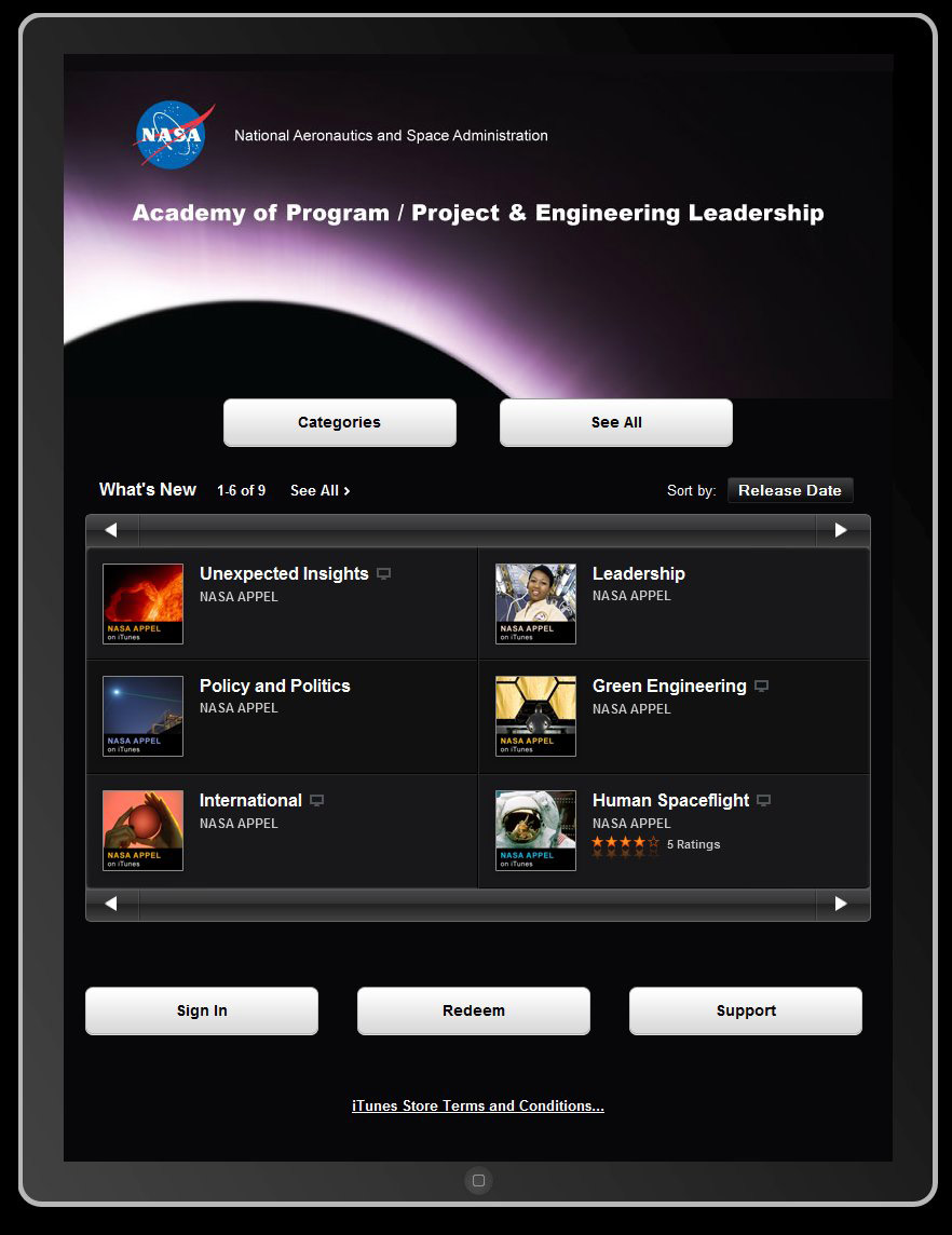 The NASA Academy’s iTunes U page on an iPad.