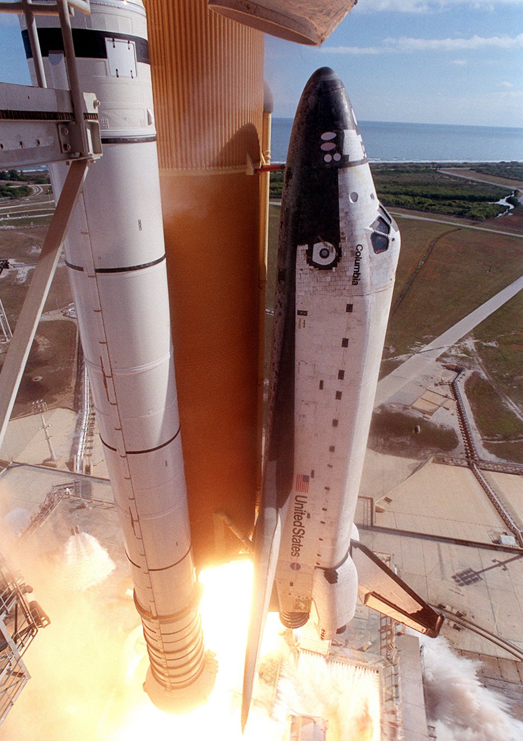 A close-up camera view shows Space Shuttle Columbia as it lifts off from Launch Pad 39A on mission STS-107.