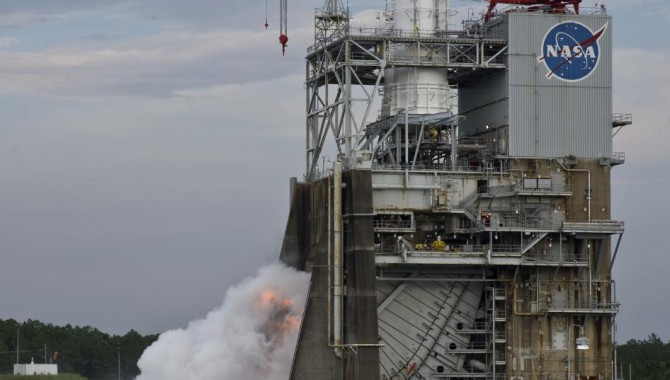A 1.9-second ignition test of the J-2X rocket engine is conducted on the A-2 Test Stand at NASA's Stennis Space Center.