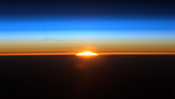 On Saturday, Aug. 27, 2011, International Space Station astronaut Ron Garan used a high definition camera to film one of the sixteen sunrises astronauts see each day. This image shows the rising sun as the station flew along a path between Rio de Janeiro, Brazil and Buenos Aires, Argentina.