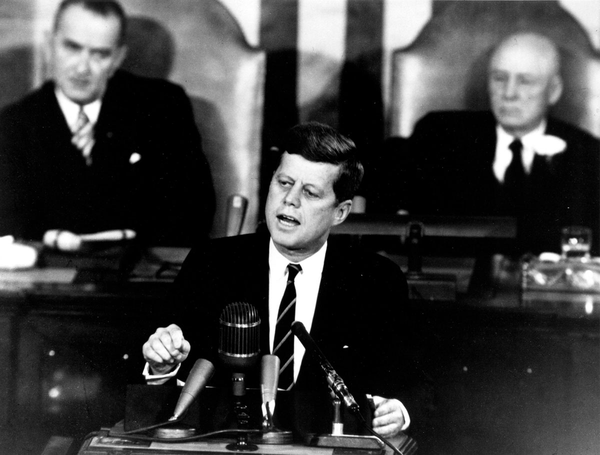 President John F. Kennedy in his historic message to a joint session of the Congress, on May 25, 1961 declared, "...I believe this nation should commit itself to achieving the goal, before this decade is out, of landing a man on the Moon and returning him safely to the Earth."
