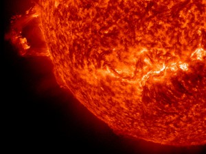 The Sun erupted with two prominence eruptions, one after the other over a four-hour period on Nov. 16, 2012. The action was captured in the 304 Angstrom wavelength of extreme ultraviolet light. It seems possible that the disruption to the Sun’s magnetic field might have triggered the second event since they were in relatively close proximity to each other. The expanding particle clouds heading into space do not appear to be Earth-directed.