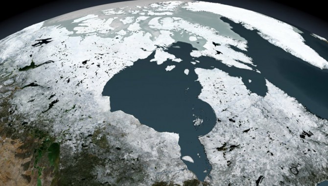 Over the course of a year, sea ice in northern Canada pulsates down into the Hudson Bay and retreats northward in the summer months. In the winter months where the sea ice extends down into the bay, polar bears wander onto the ice in search of food. As summer approaches and the sea ice melts, the bears wander back onto the mainland until the next winter.