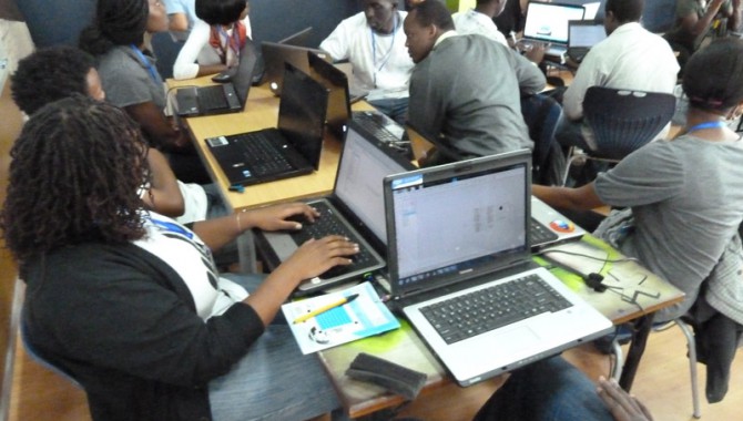 International Space Apps Challenge participants get to work on solving challenges at the iHub in Nairobi, Kenya on April 21, 2012.