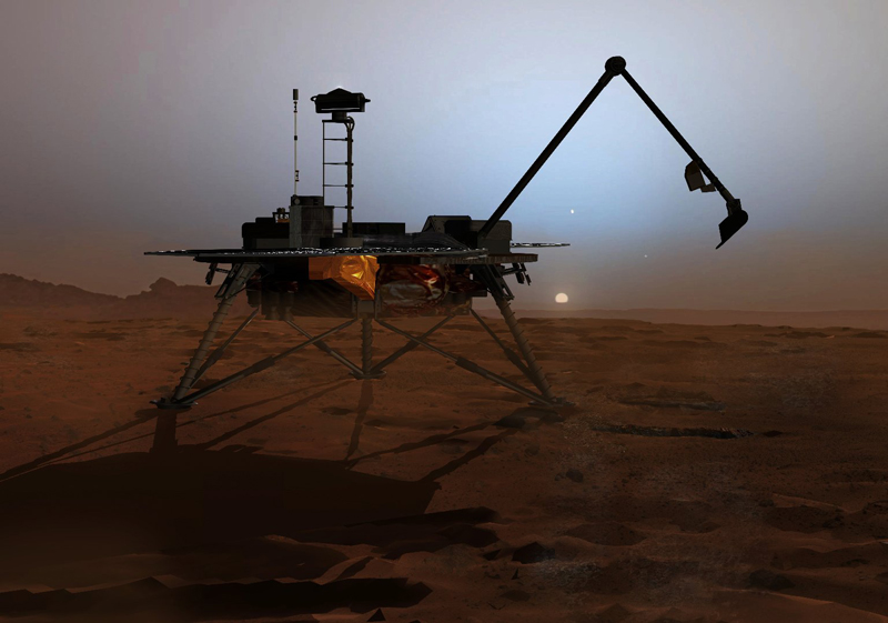 In this artist's concept illustration, NASA's Phoenix Mars Lander begins to shut down operations as winter sets in. The far-northern latitudes on Mars experience no sunlight during winter. This will mark the end of the mission because the solar panels can no longer charge the batteries on the lander. Frost covering the region as the atmosphere cools will bury the lander in ice.