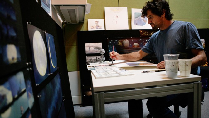 Enrico Casarosa, director of the Oscar-nominated Pixar short La Luna, painting in watercolor.