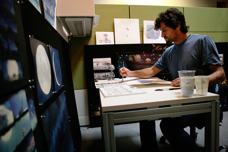 Enrico Casarosa, director of the Oscar-nominated Pixar short La Luna, painting in watercolor.