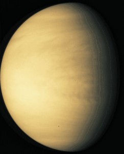 This picture by the Galileo spacecraft shows just how cloudy Venus is. Venus is very similar to Earth in size and mass - and so is sometimes referred to as Earth's sister planet - but Venus has a quite different climate.