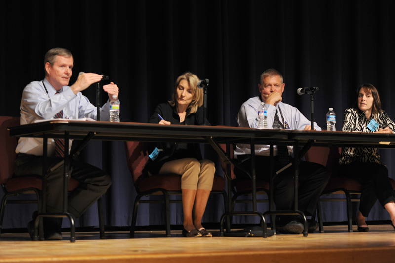 (Left to right) Bryan O’Connor, Amy Edmondson, Mike Ryschkewitsch, and Robin Dillon share insight into organizational silence on a panel at Goddard Space Flight Center on July 31, 2012.