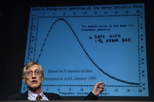 NASA scientist Dr. John C. Mather shows some of the earliest data from the NASA Cosmic Background Explorer (COBE) spacecraft during a press conference held on Oct. 6, 2006, at NASA Headquarters in Washington, DC. Dr. Mather shares the 2006 Nobel Prize for Physics with George F. Smoot of the University of California for their collaborative work on understanding the Big Bang. 