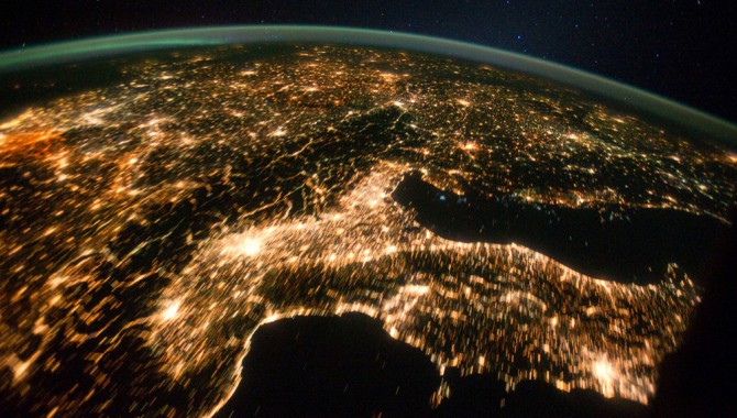 This is one of a series of nighttime images photographed by one of the Expedition 29 crew members from the International Space Station. It features Central and Eastern Europe, extending from the Netherlands to Hungary and Italy to northern Poland. Overall, the view includes the Netherlands, Italy, Germany, Poland, and Hungary. When the photo was taken on Oct 2, 2011, the station was over Corsica at 43.18 degrees north latitude and 9.95 degrees east longitude.