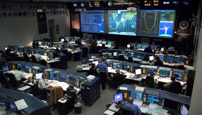 This overall view of the Shuttle (White) Flight Control Room (WFCR) in Johnson Space Center’s Mission Control Center (MCC) was photographed during STS-114 simulation activities.