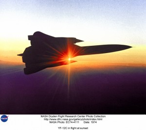 The so-called YF-12C in flight at sunset. The YF-12C was the second production SR-71A (61-7951), modified with YF-12A inlets and engines, and given a bogus tail number (06937). It replaced a YF-12A (60-6936) that crashed during a joint USAF-NASA research program. 