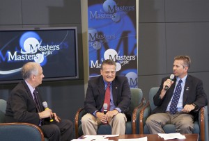 NASA Chief Knowledge Officer Ed Hoffman (left), Jack Fox (center), and Rob Mueller discuss KSC Swamp Works and techniques to enable innovation during a weeklong series called “Masters with Masters” at Kennedy Space Center.