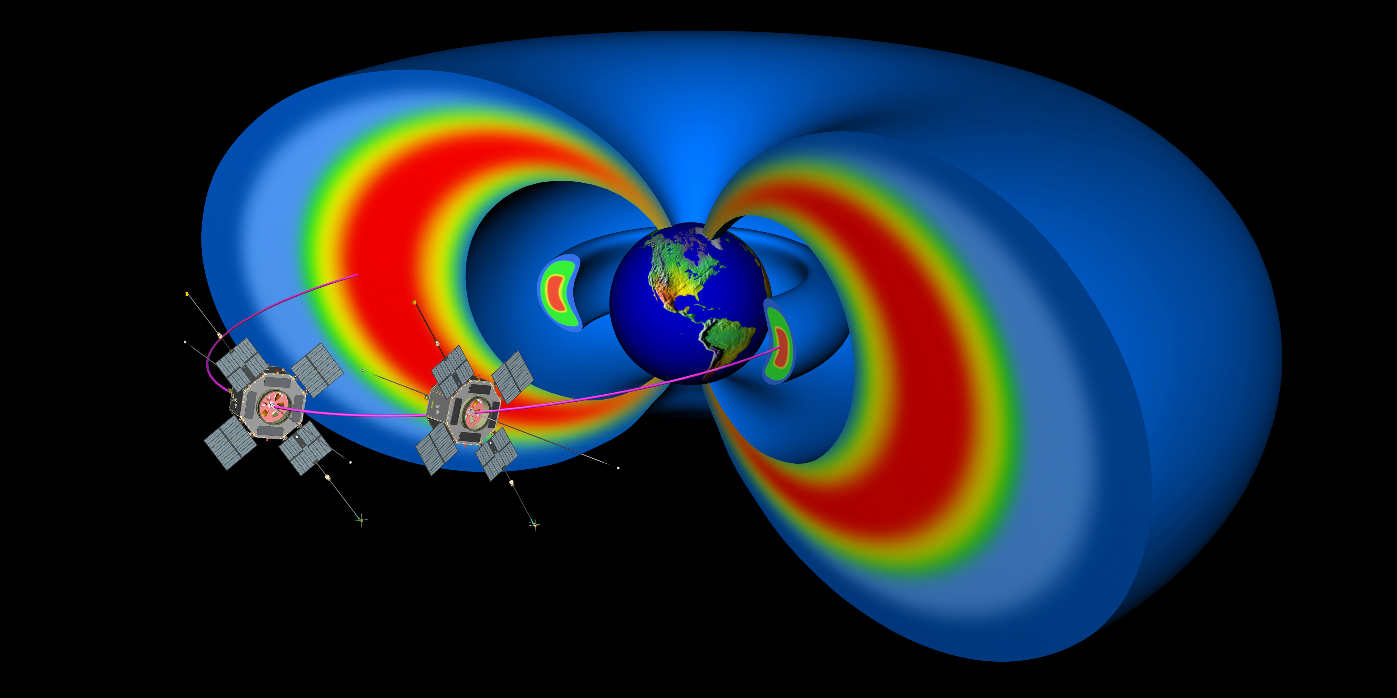 Cutaway model of the Earth’s Van Allen radiation belts with the two satellites from NASA’s Van Allen Probes, the first mission to fly the new Applied Physics Laboratory flight-software architecture.