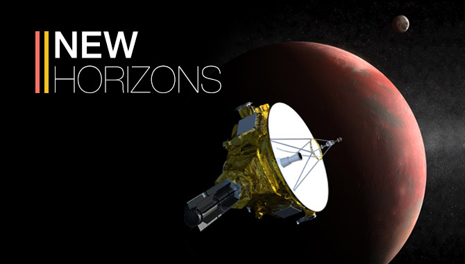 Artist’s concept of the New Horizons spacecraft as it approaches Pluto and its largest moon, Charon, in July 2015. The craft's miniature cameras, radio science experiment, ultraviolet and infrared spetctrometers and space plasma experiments will characterize the global geology and geomorphology of Pluto and Charon, map their surface compositions and temperatures, and examine Pluto's atmosphere in detail. The spacecraft'stt most prominent design feature is a nearly 7-foot (2.1-meter) dish antenna, through which it will communicate with Earth from as far as 4.7 billion miles (7.5 billion kilometers) away.