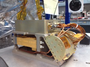 The radiometer that will fly on the RACE CubeSat. It will measure microwave radiation at 183 GHz. Photo courtesy of Alex Kadesch.