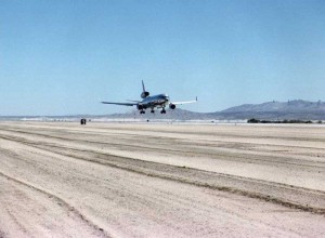 First landing of the McDonnal Douglas MD-11 aircraft using the PCA system on August 29, 1995. (Click image for close-up) Photo Credit: NASA/Dryden Flight Research Center