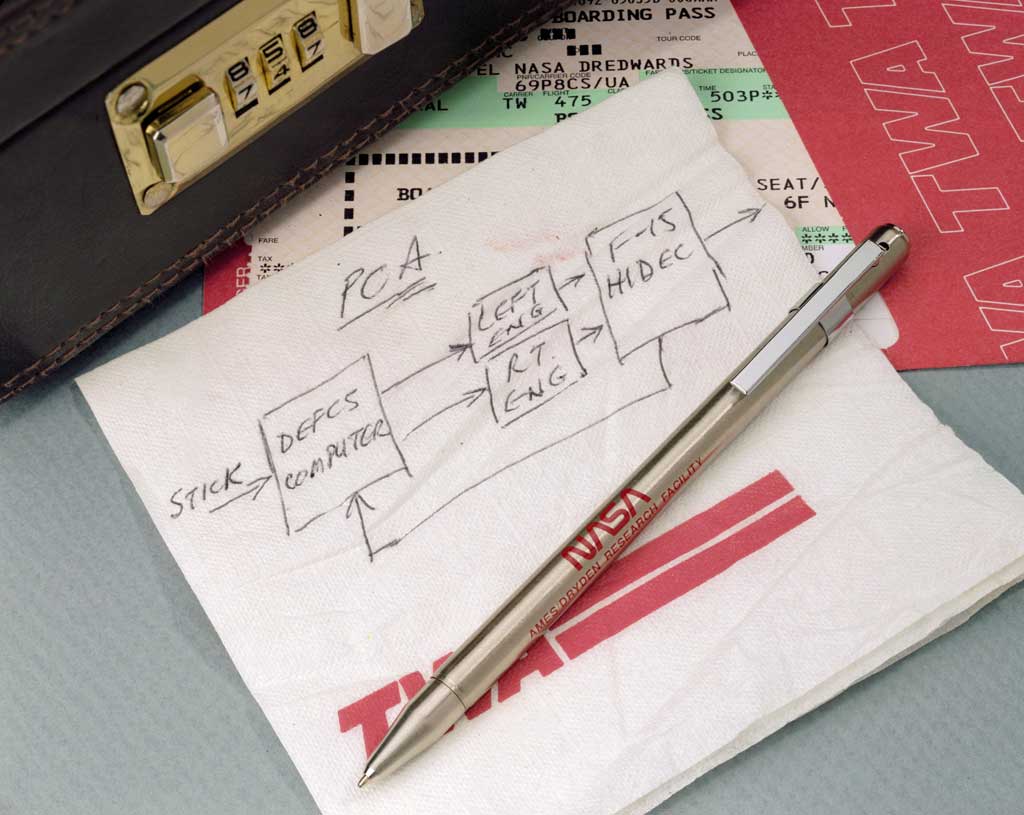 Frank “Bill” Burcham’s napkin sketch for the Propulsion Controlled Aircraft (PCA) system. (Click image for close-up) Photo Credit: NASA/Dryden Flight Research Center (Dennis Taylor)