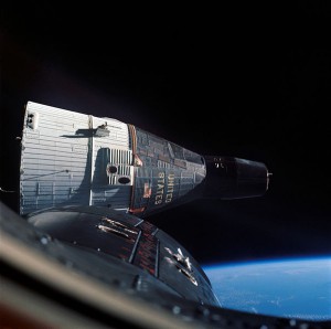 This photograph of the Gemini 7 spacecraft was taken from Gemini 6 during rendezvous and station keeping maneuvers at an altitude of approximately 160 miles above the Earth. Gemini 6 and Gemini 7 launched on December 15, 1965 and December 4, 1965, respectively. Walter M. Schirra, Jr. and Thomas P. Stafford on Gemini 6 and Frank Borman and James A. Lovell on Gemini 7 practiced rendezvous and station keeping together for one day in orbit. Credit: NASA